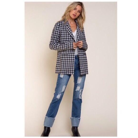 Off White Black Plaid Jacket With Welt Pocket - Picture 8 of 11